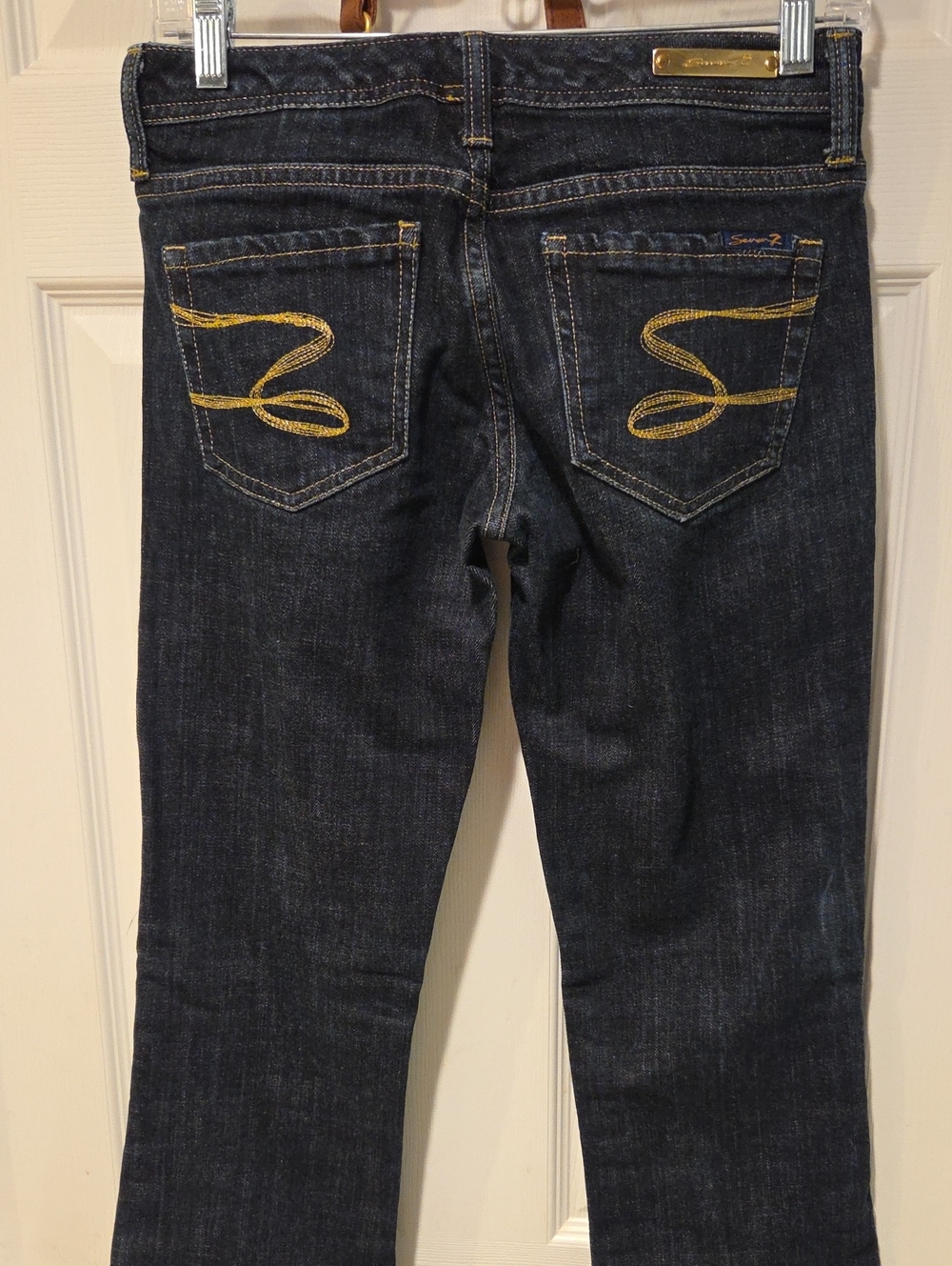 Seven7 Dark Blue Boot Cut Jeans with Gold Stitching Womans Size 26/2